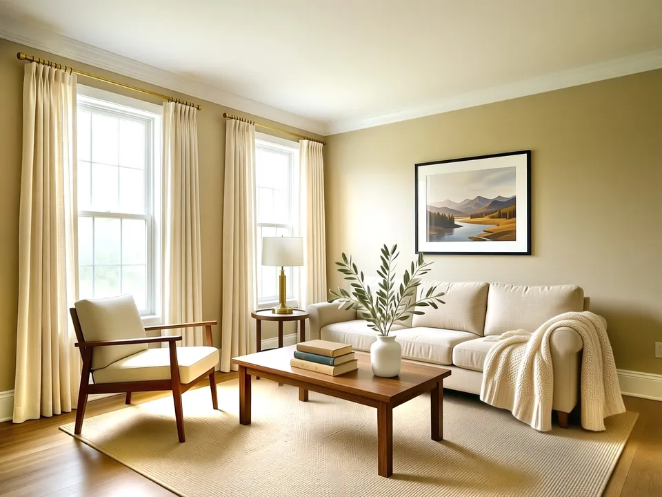 Concept image: the finished living room with crown moulding, a rug, sofa, tables, chair, curtains, art and styling.
